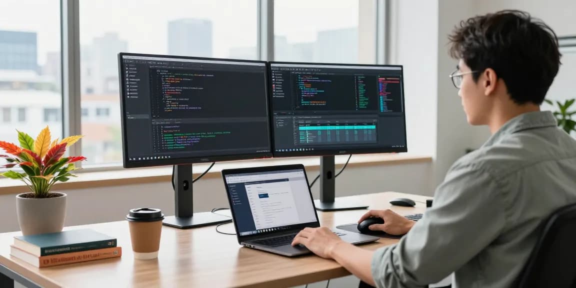 快连 developer workspace with dual monitors displaying code, modern office setting, focused and productive atmosphere.