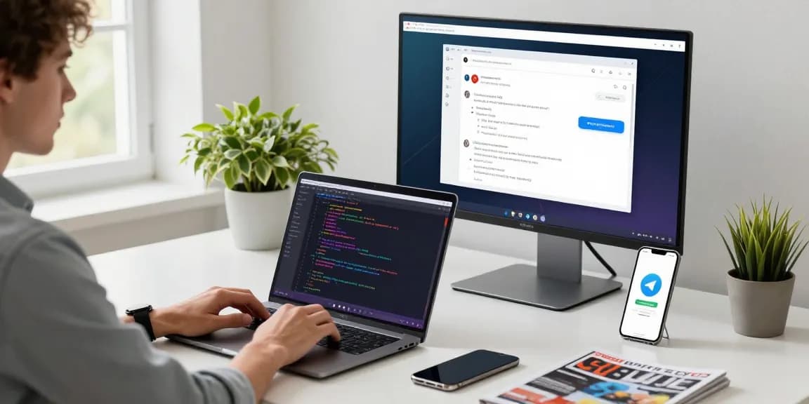Developer in a modern workspace reviewing the Telegram download process on laptop and smartphone