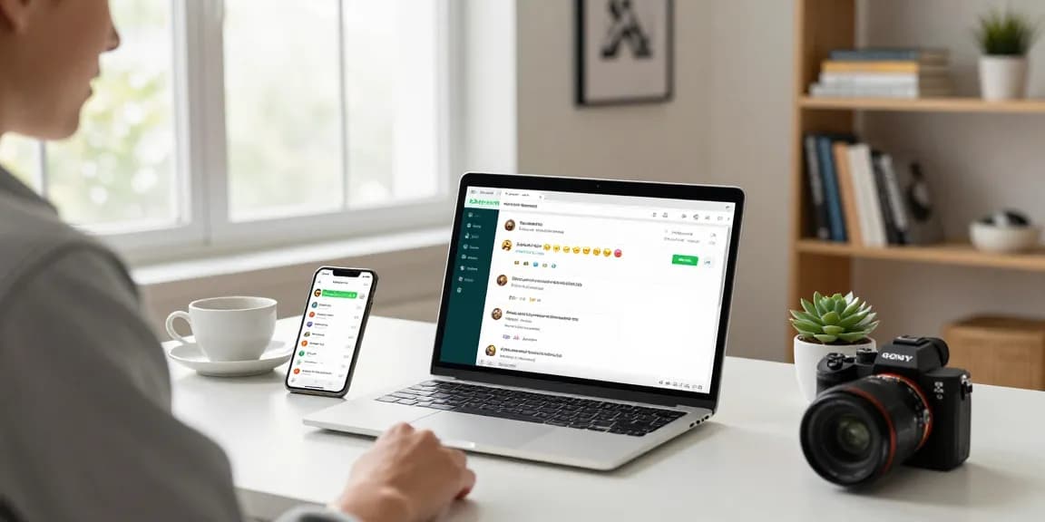 Engaged user on WhatsApp網頁版 in a modern home office, showcasing vibrant chat interface and personal workspace.