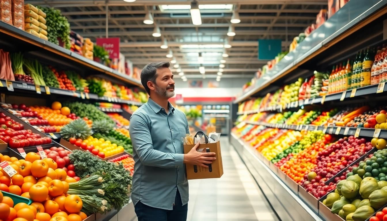 Maximize grocery savings by choosing fresh produce in a vibrant supermarket setting.