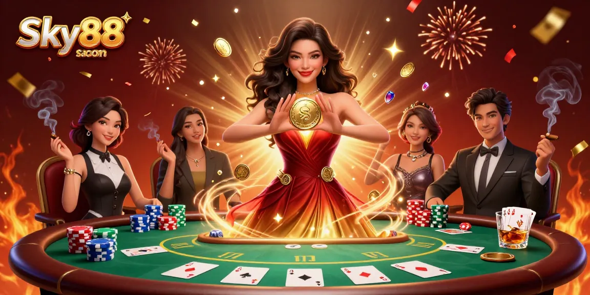 Engage in thrilling gameplay at Sky88 sa com, with golden coins and poker action in an exciting casino atmosphere.