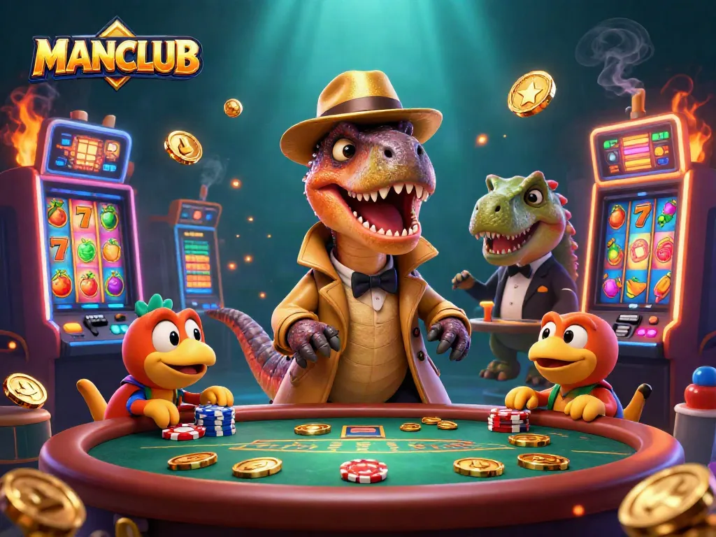 MANCLUB attracts excitement with a velociraptor card counter and stegosaurus pit boss in a vibrant casino scene.