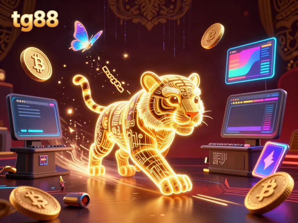 Engage with tg88, a vibrant digital casino scene showcasing a golden tiger and crypto elements.