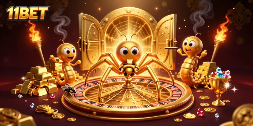 11BET - Dive into a vibrant casino scene as the spider spins the roulette web and the fly bets amid treasures.