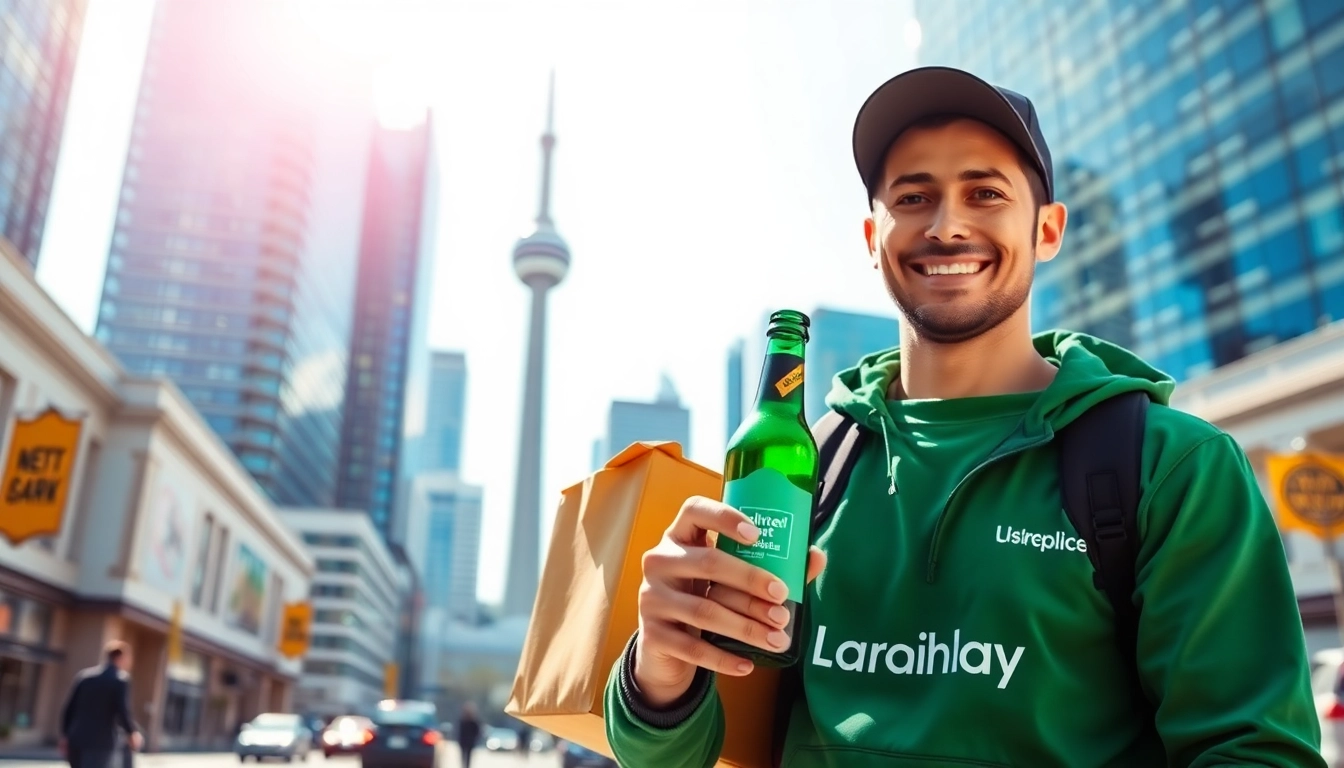 Delivering drinks with dial a bottle Toronto service in a vibrant urban setting.