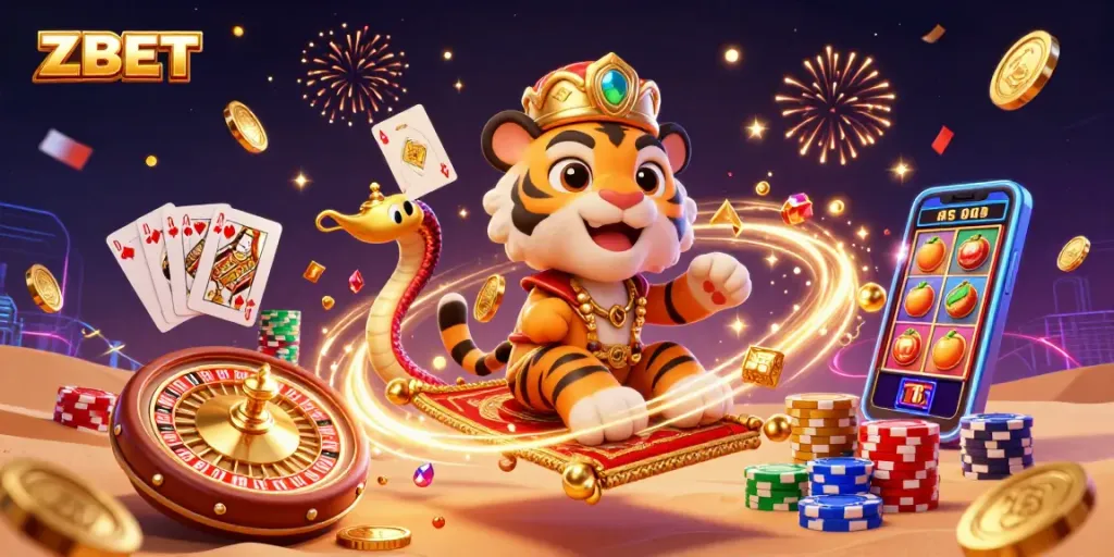 ZBET offers thrilling gaming with a fantasy-themed scene featuring a tiger sultan, flying carpet, and rich casino elements.