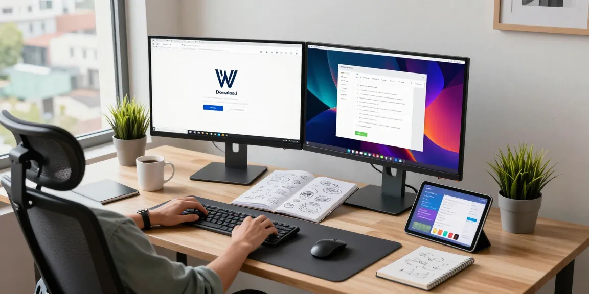 WPS Download page displayed on computer monitors in a modern home office workspace.
