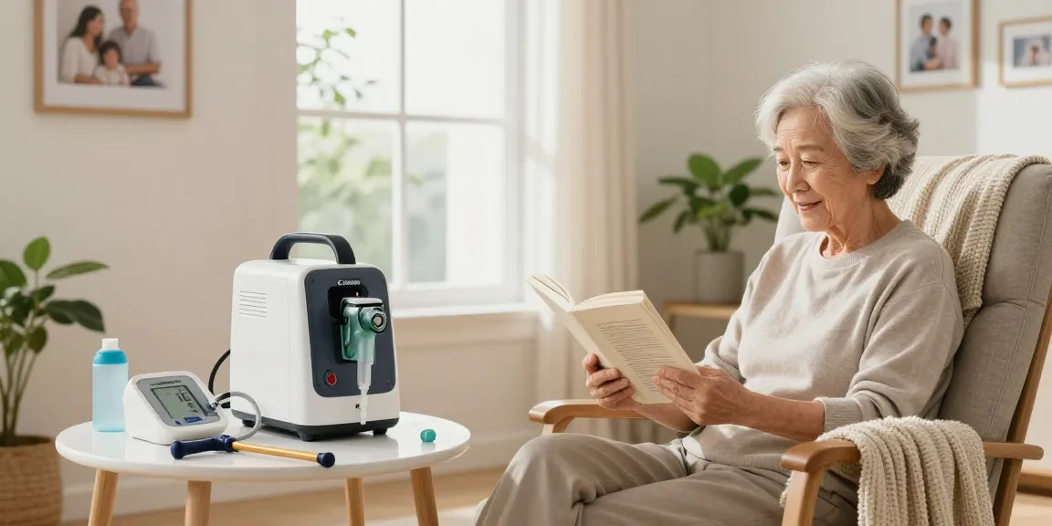 home medical equipment setup featuring an oxygen concentrator and health supplies in a comfortable living room.