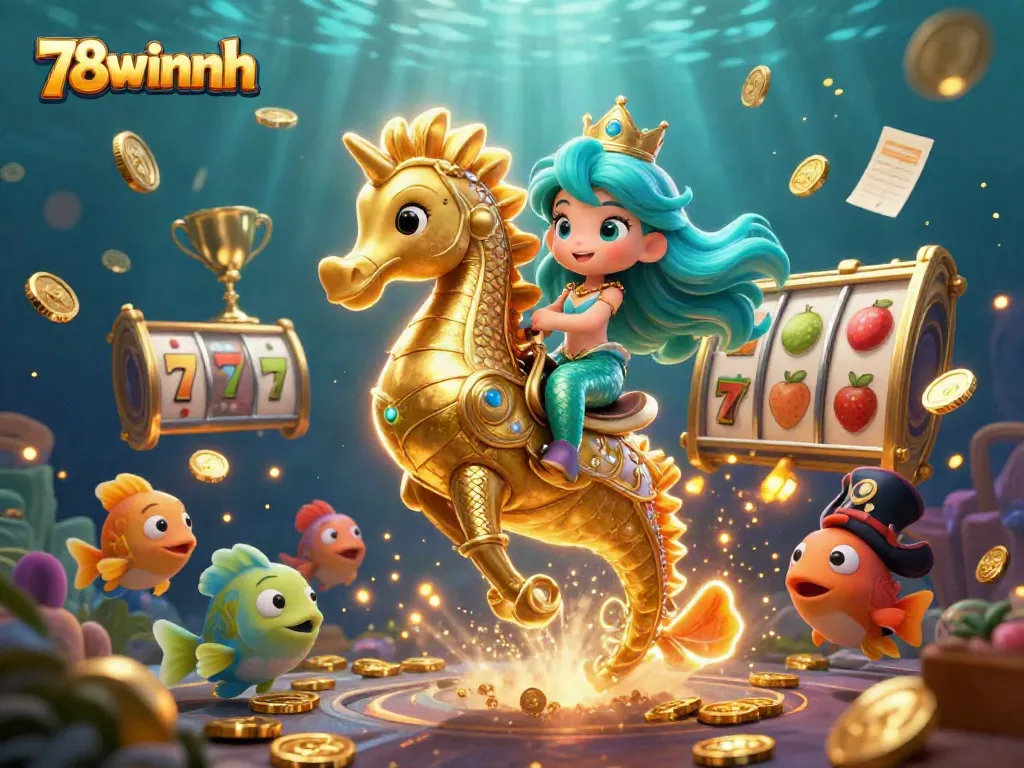 Engage with the enchanting mermaid princess at 78winnh, riding a seahorse adorned with gold, amidst a vibrant underwater casino world.