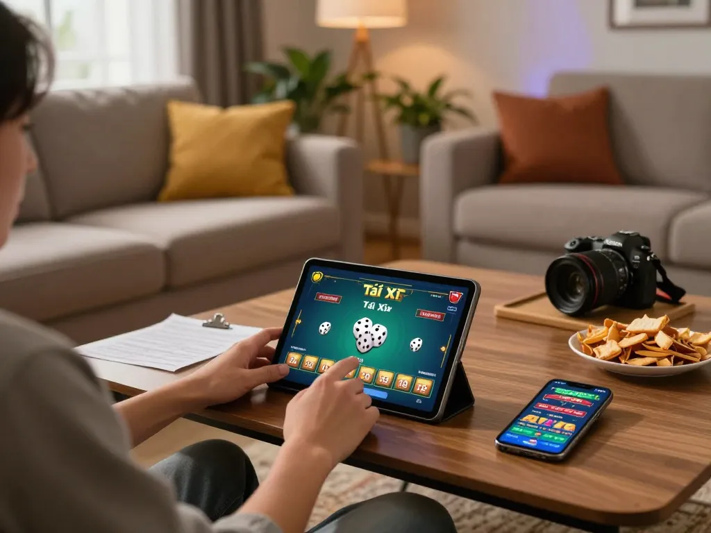 Taking bets on taixiuonline while enjoying a cozy gaming setup at home with tablet and strategy notes.