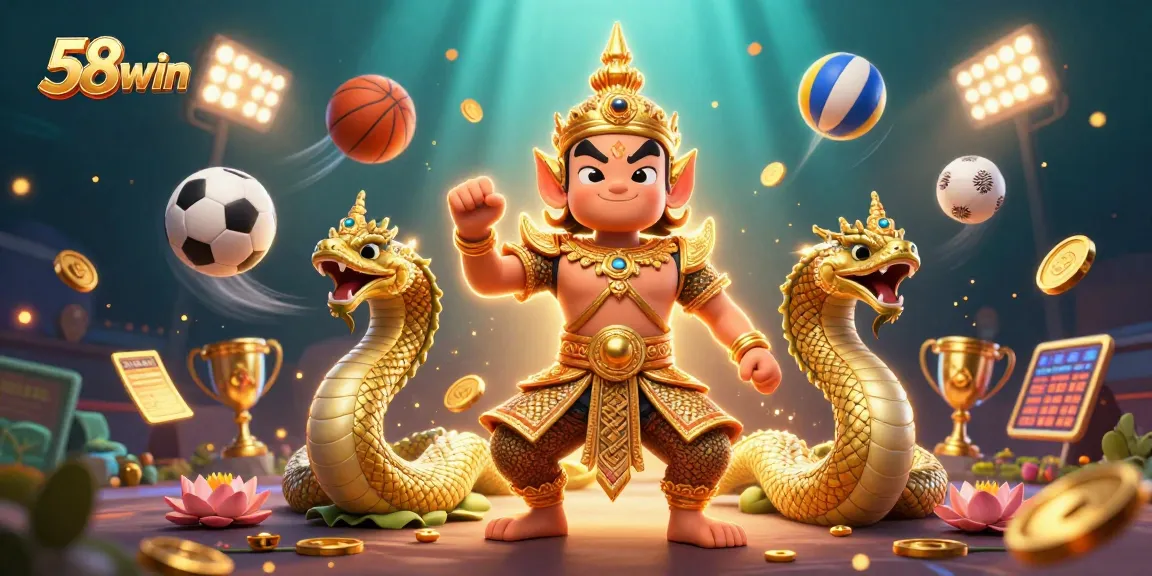 Engage with 58win's vibrant betting scene featuring dynamic sports elements and a guardian.