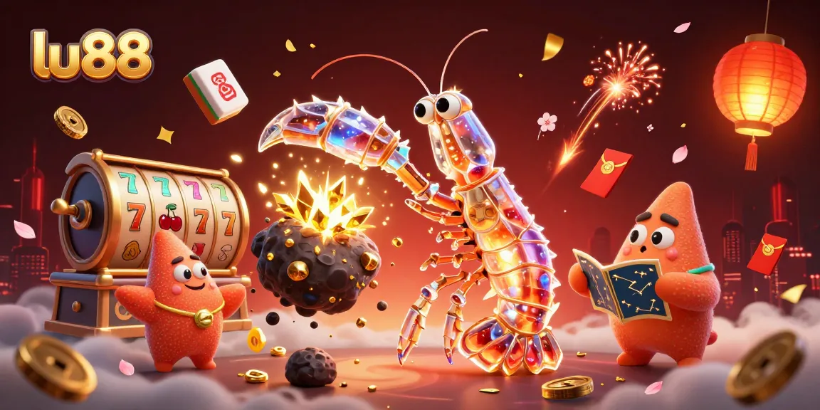 Lu88 casino action featuring a galactic shrimp warrior amidst dynamic slot reels and sparkling bonuses.