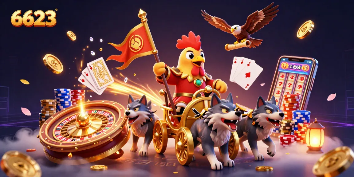 Win big at 6623 with a powerful rooster warlord leading a vibrant casino adventure!