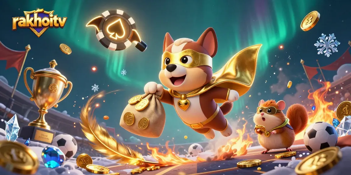 Experience exciting sports betting with rakhoitv's superhero dog delivering gold coins in a casino-themed illustration.