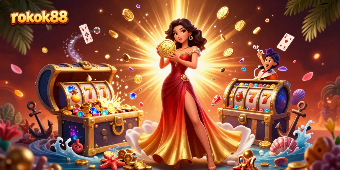 Win big at rokok88 with a stunning casino illustration featuring a graceful woman holding a golden coin.