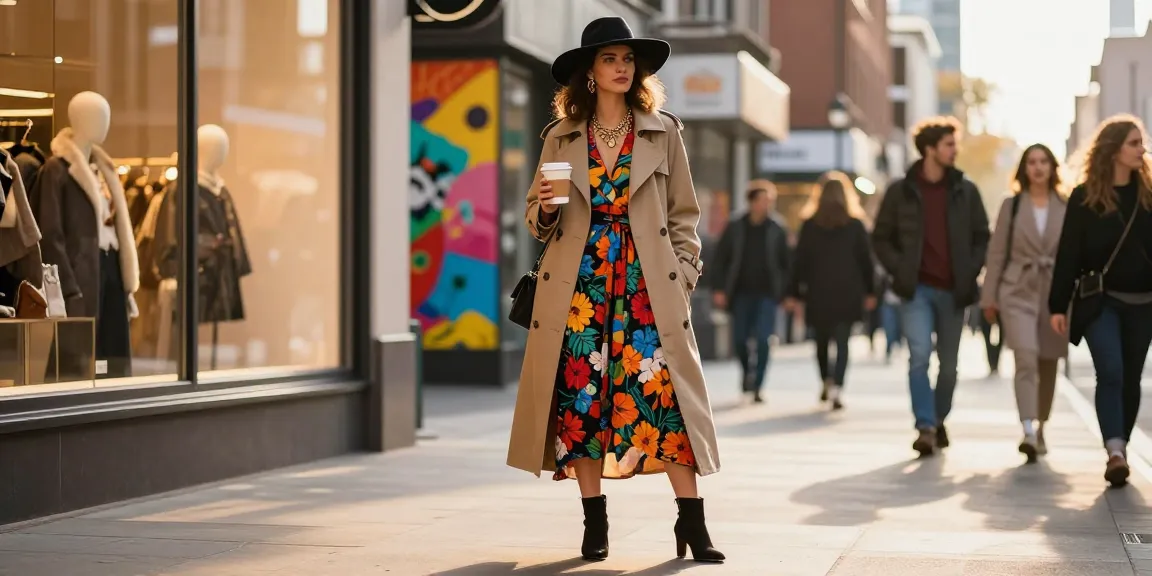 women's fashion outfit in urban setting, stylish layers and accessories in golden hour light