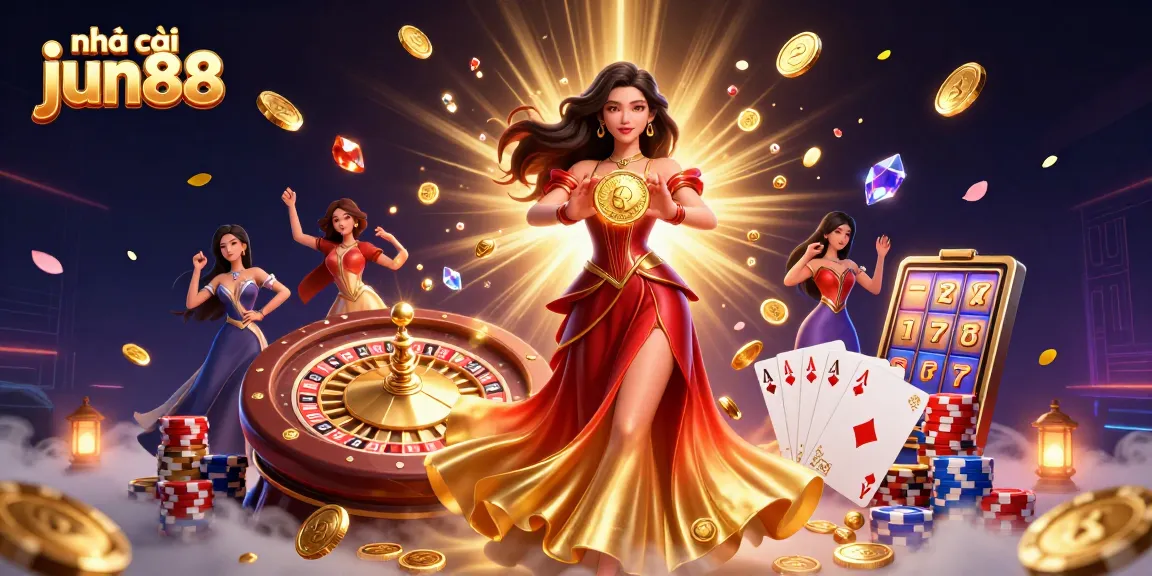 Win big at nhà cái jun88 with golden coins, roulette, and slots in a vibrant scene.