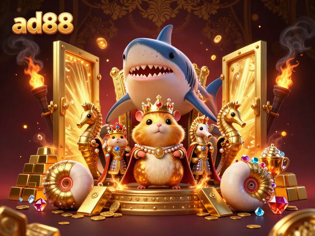 Experience the thrill of ad88 with a golden hamster king on a shark throne surrounded by treasure.