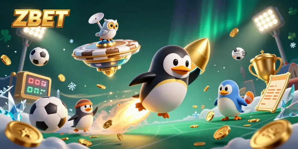 Bet on ZBET with thrilling action as a rocket-powered penguin flies through a vibrant casino backdrop.