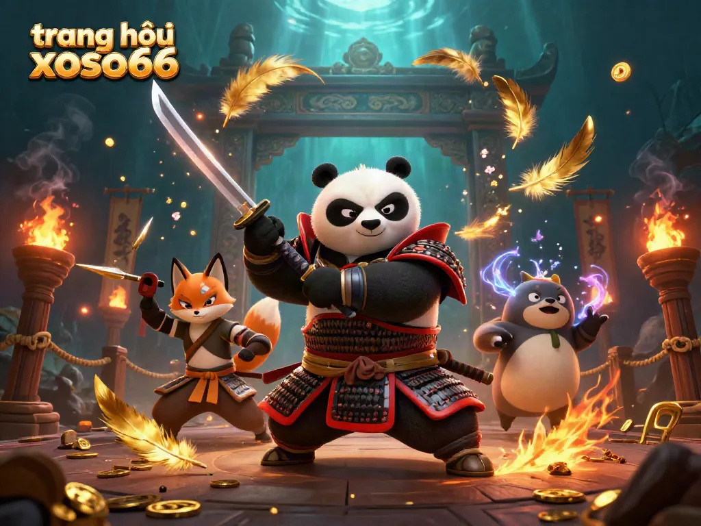 Engage with the thrilling action at trang chủ xoso66 featuring a samurai panda and ninja fox in a vibrant casino scene.