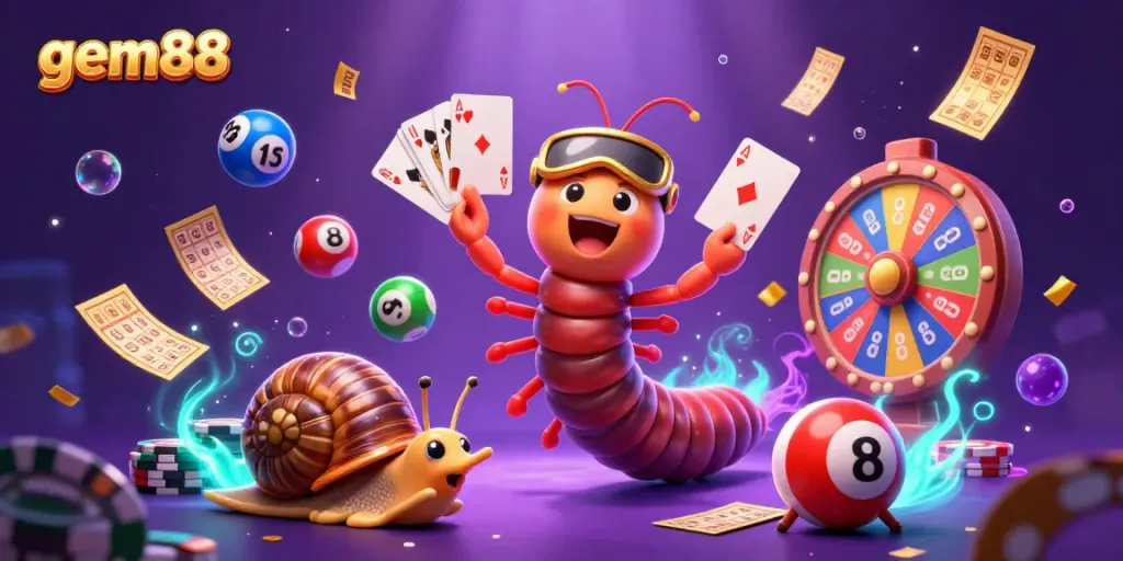 Experience the thrill of gem88 with a dynamic scene featuring a millipede dealer and vibrant gaming elements.