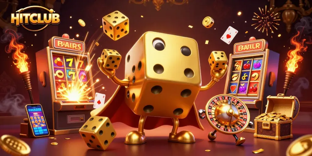 Roll the dice to fortune with HITCLUB's extravagant casino scene featuring golden golems and jackpots.