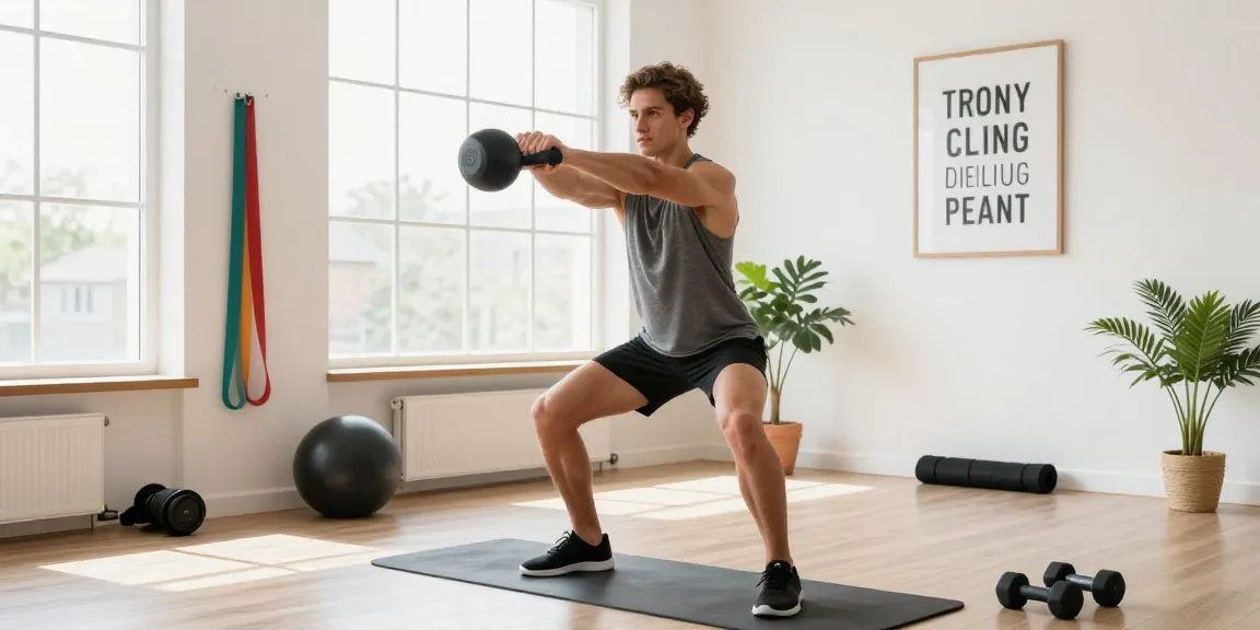 Fit individual performing a kettlebell swing, emphasizing vitality and strength with AOD 9604 in a well-lit home gym environment.