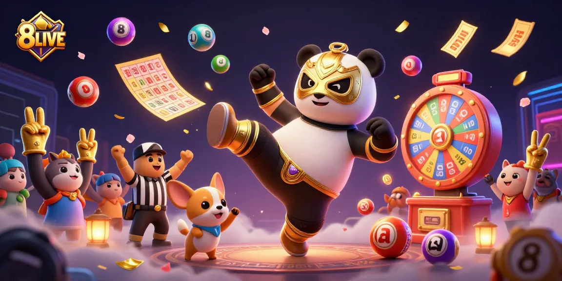 Engage with 8LIVE's vibrant casino scene featuring a luchador panda and lively game elements.