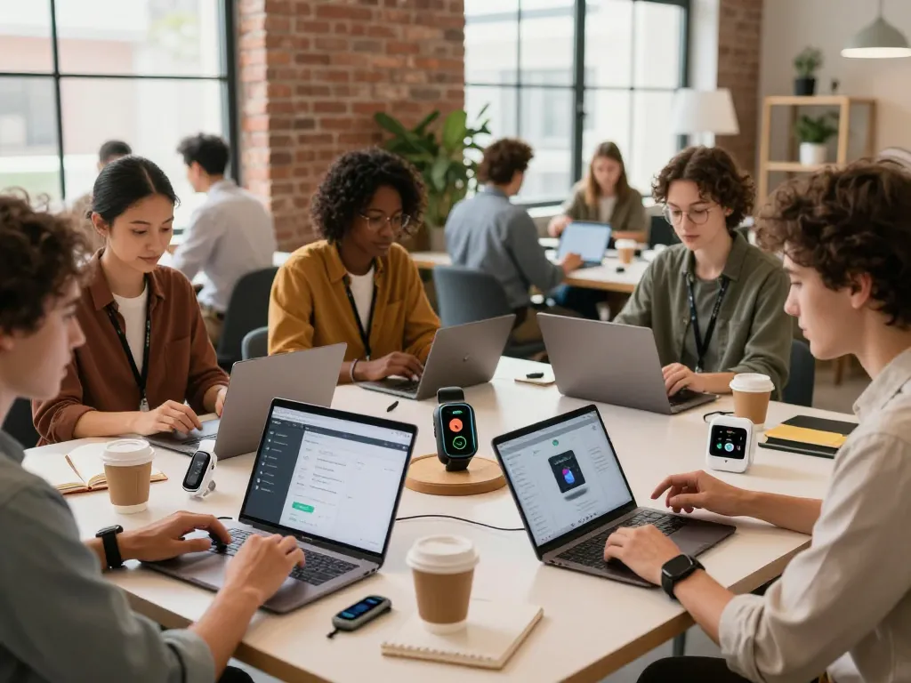 Engaged individuals demonstrating smart tech gadgets in a modern workspace, highlighting innovative Bluetooth devices.