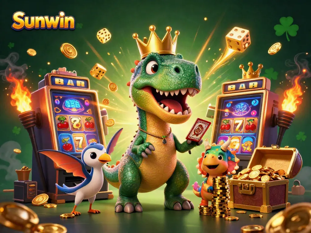 Sunwin showcases a lively scene of fun and immersive gambling with cartoon dinosaurs in a casino setting.