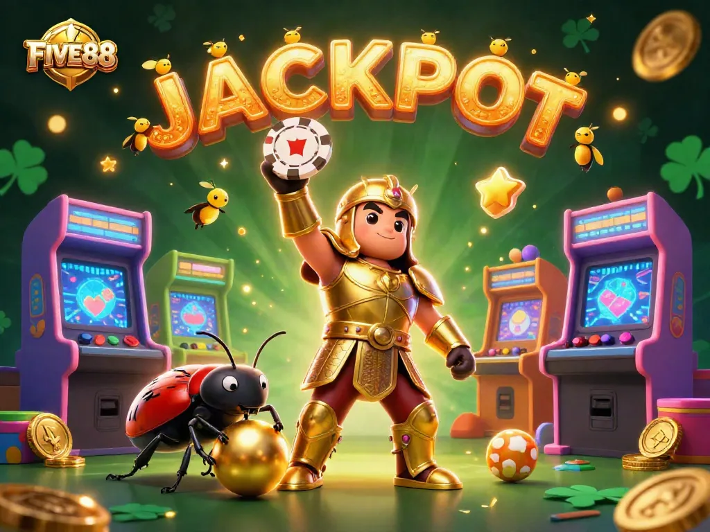 Watch the FIVE88 beetle champion lifting a winning poker chip in an illustrated casino scene.