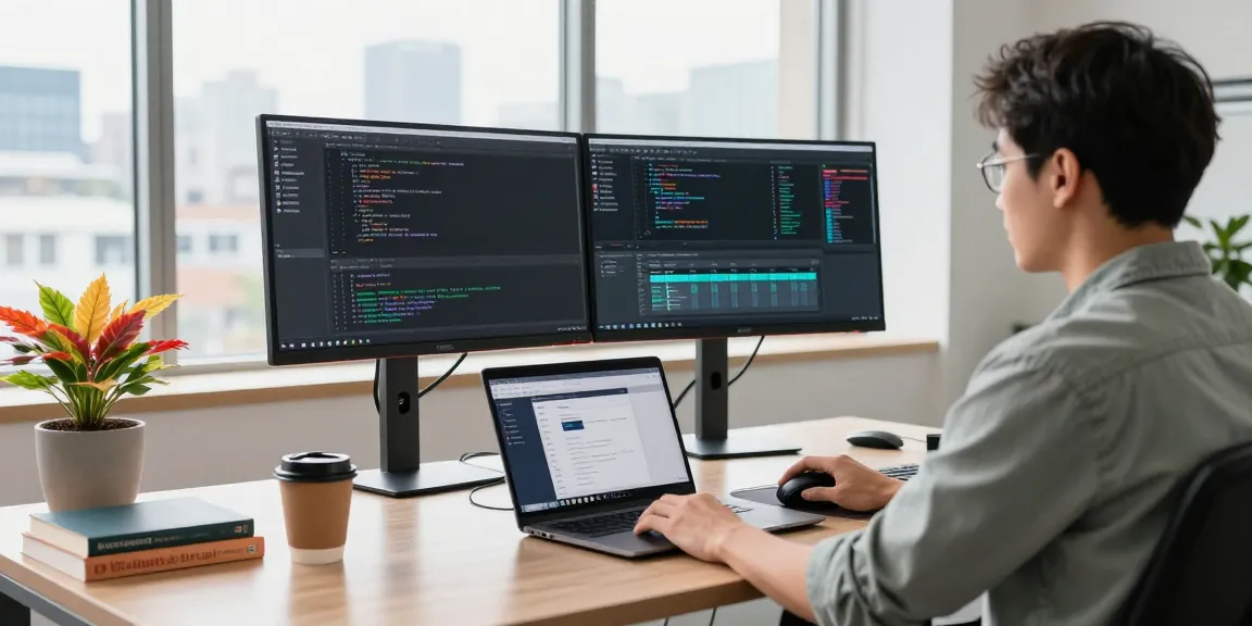 快连 developer workspace with dual monitors displaying code, modern office setting, focused and productive atmosphere.