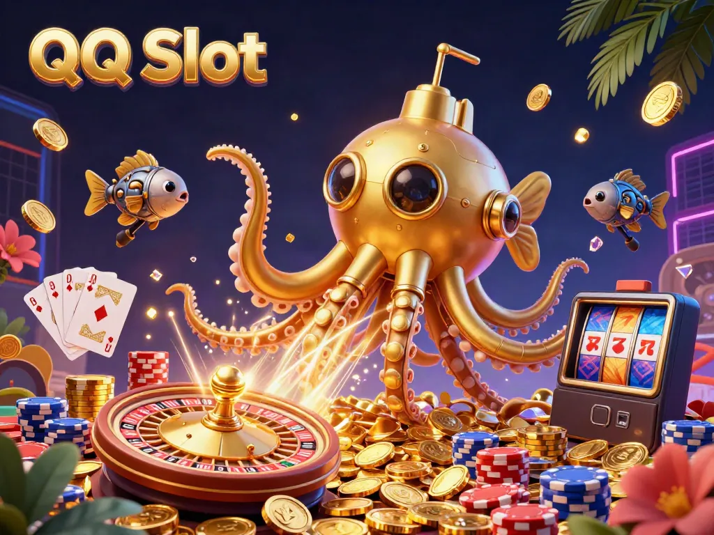 Experience the thrilling QQ Slot adventure with a golden kraken submarine amidst cascading coins and gaming elements.