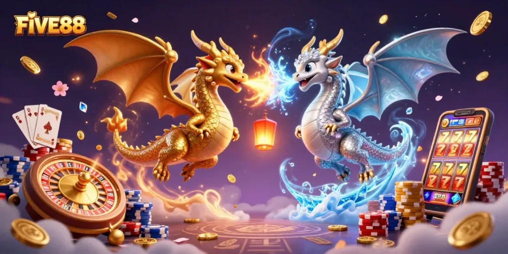 Experience the thrill at FIVE88 casino with vibrant dragons and captivating casino elements.