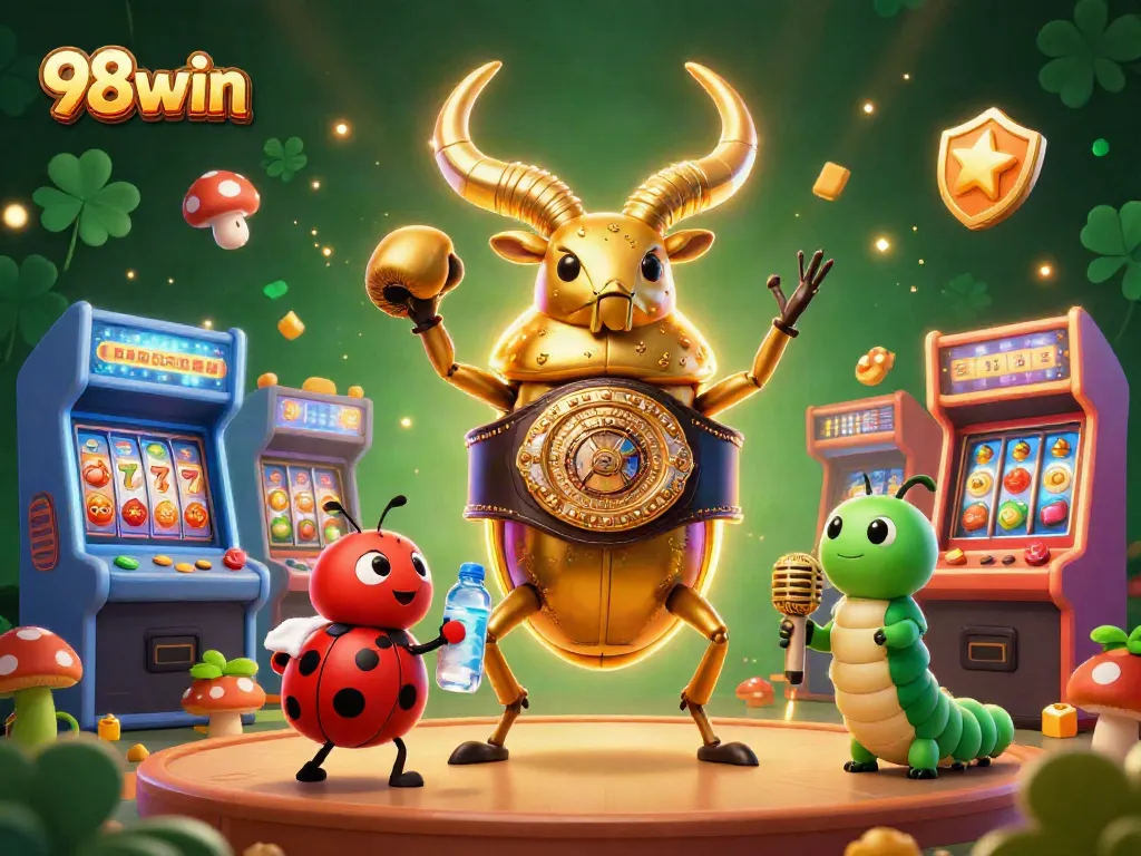 Engage with 98win's thrilling casino atmosphere featuring dynamic characters and vibrant slot game elements.
