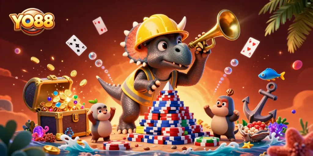 Experience thrilling adventures with YO88, featuring animated characters building poker chips amid an underwater treasure explosion.