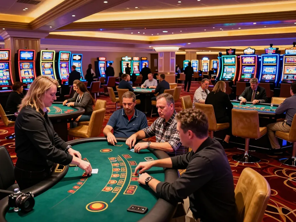 Players enjoying blackjack and other games at Sunwingo on a lively casino floor