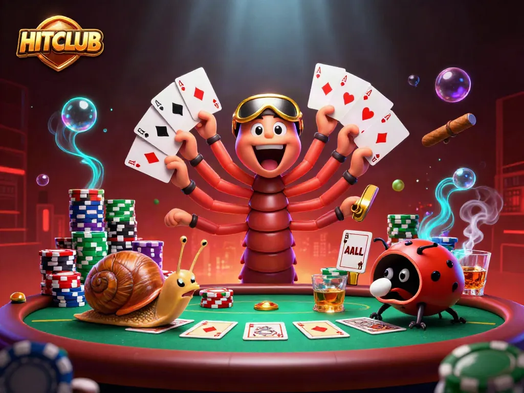 Engage with HITCLUB's animated casino scene featuring a millipede dealer, high-roller snail, and excitement-filled poker elements.