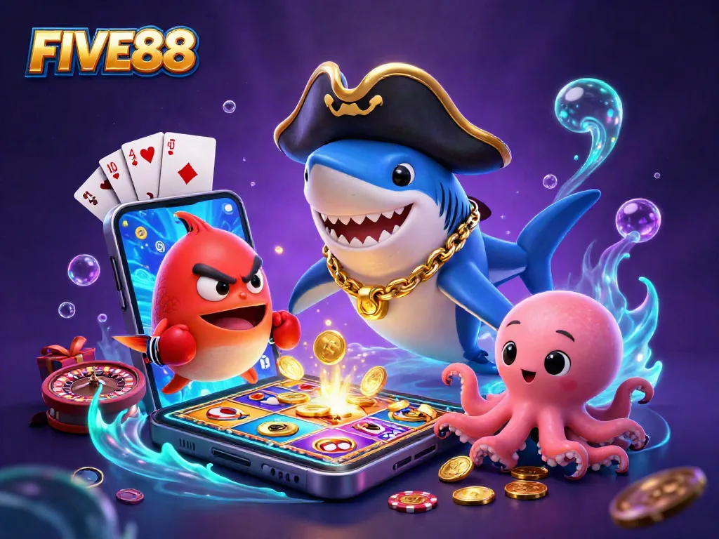 Engage with FIVE88's thrilling slots and casino adventures in this vibrant 3D illustration.