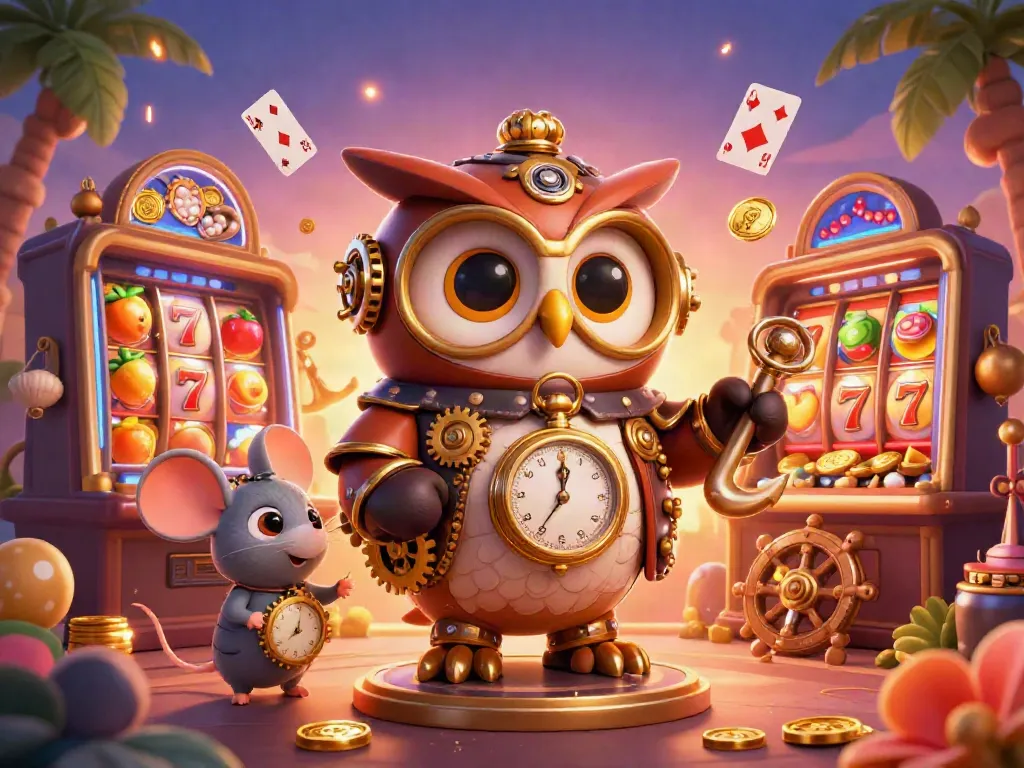 HitCLUB casino adventure featuring a time-traveler owl with spinning slot machines.