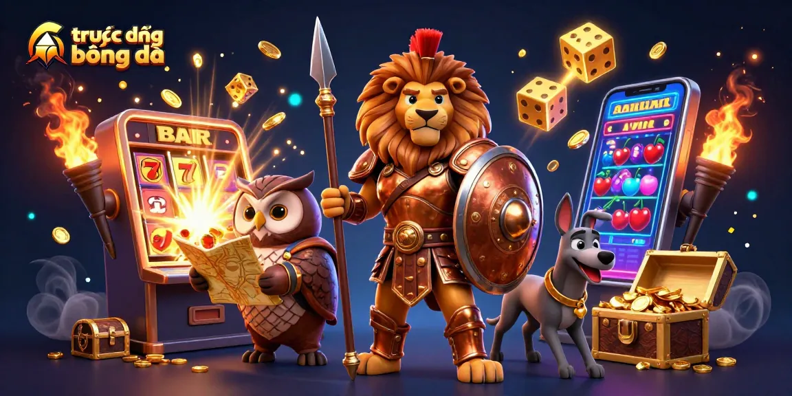 Experience trực tiếp bóng đá through this vibrant casino-themed illustration, featuring 3D characters and dynamic gaming elements.