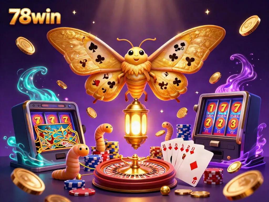 78win brings fun with a vibrant illustration showcasing golden moths and casino elements flying in a dreamlike atmosphere.