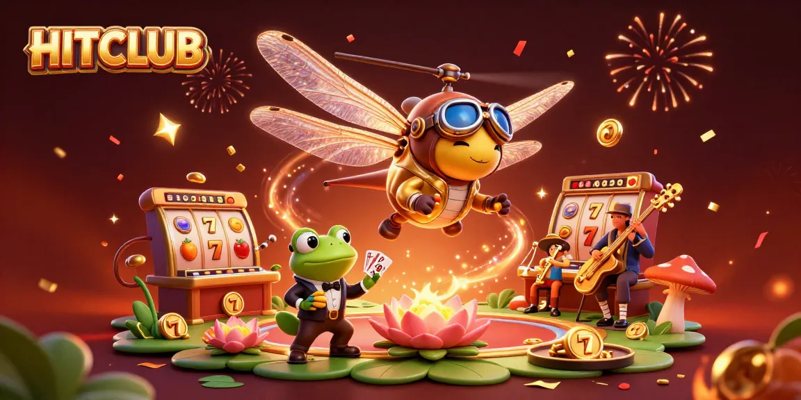 Experience the excitement of HITCLUB with a vibrant casino scene featuring a dragonfly pilot and a frog croupier.