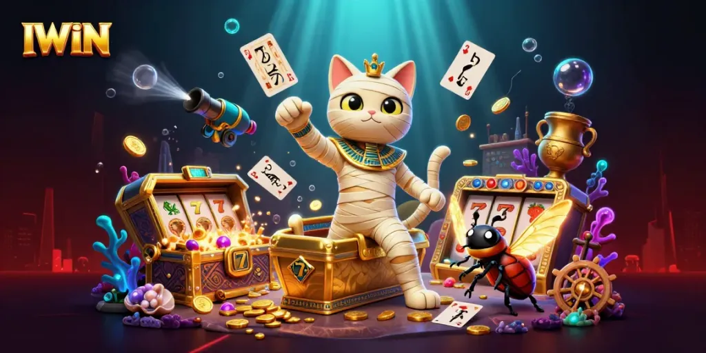 IWIN presents an exciting scene with a mummy cat bursting from a casino sarcophagus, showcasing vibrant slot elements and treasure gems.