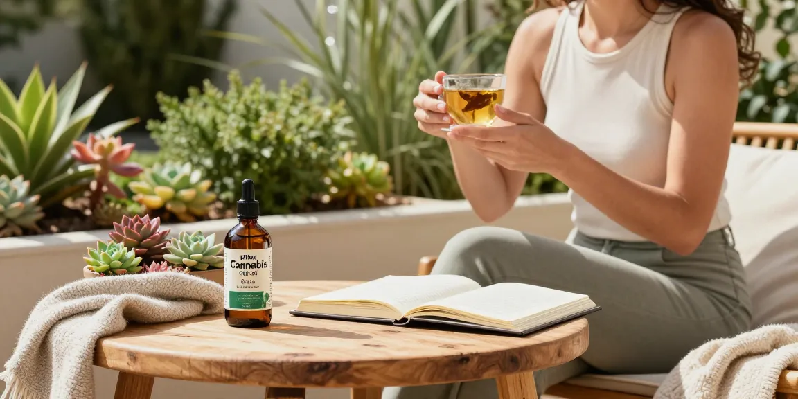 Ministry of Cannabis CBD oil beside herbal tea promoting natural wellness in a sunny outdoor setting.