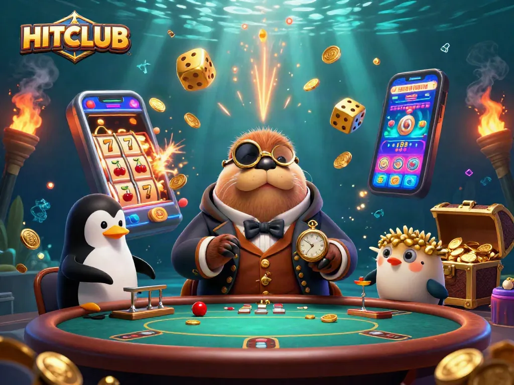 Experience HITCLUB's thrilling jackpot action with a jolly walrus, penguin dealer, and a bluffing pufferfish.