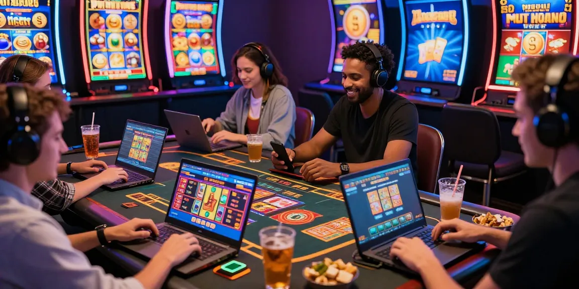 Un gruppo che si diverte con i giochi dei casinò non AAMS su laptop e smartphone, schermi vibranti e colorati, atmosfera vivace con giocatori diversi.