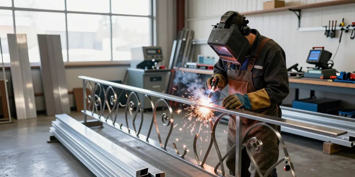 Custom metalwork North Vancouver artisan crafting decorative railing in a well-lit workshop.