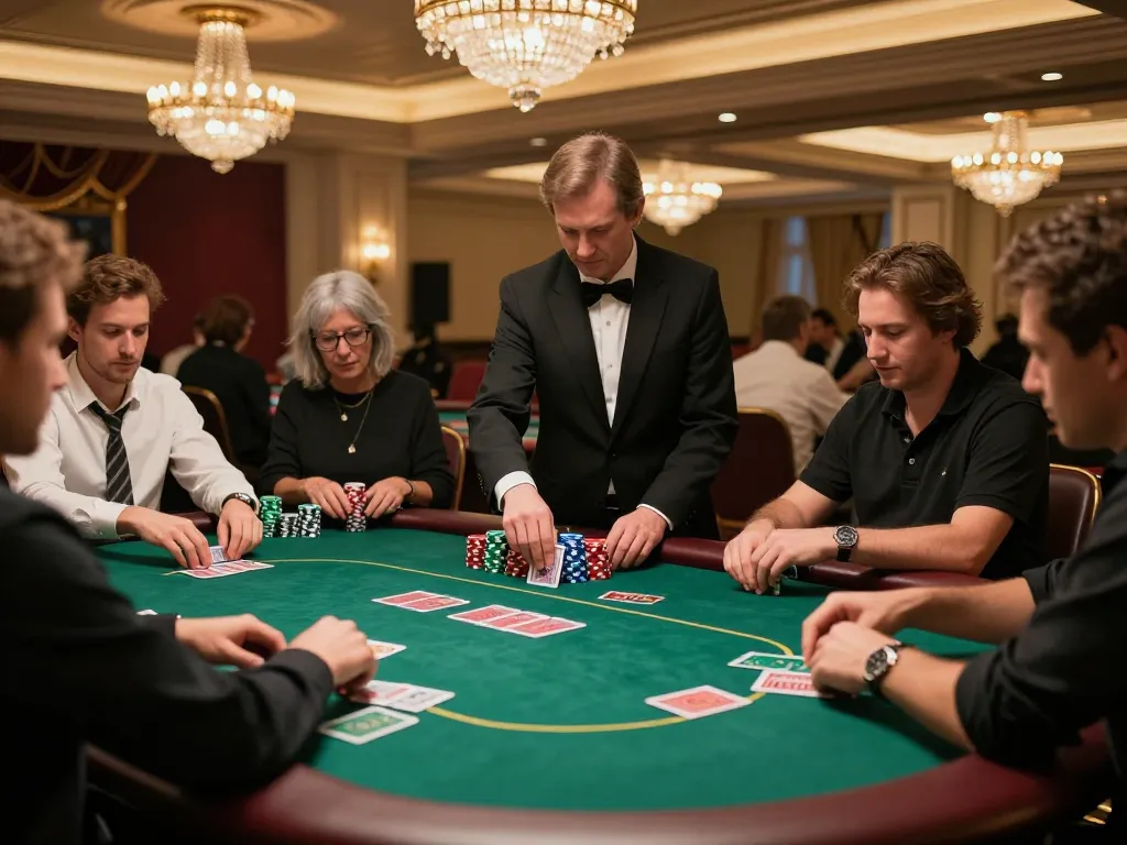 uu88 poker game in a luxurious casino, players engaged and dealer dealing cards, vibrant atmosphere