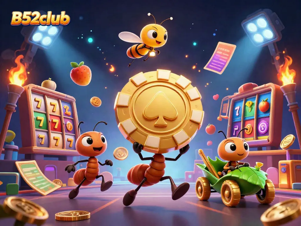 Experience high stakes gaming with B52club as ants carry a golden poker chip in this captivating scene.